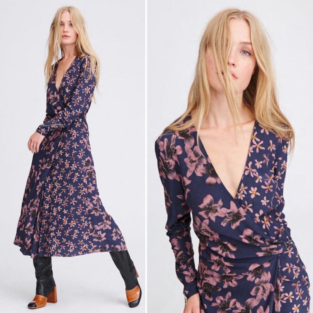 Rag & Bone Odette V Neck Long Sleeve Blue Floral Wrap Midi Dress US 2